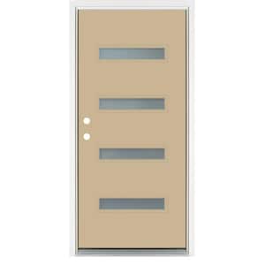 36 in. x 80 in. Smooth Latte Right-Hand Inswing 4 Lite Frosted Painted Fiberglass Prehung Front Door