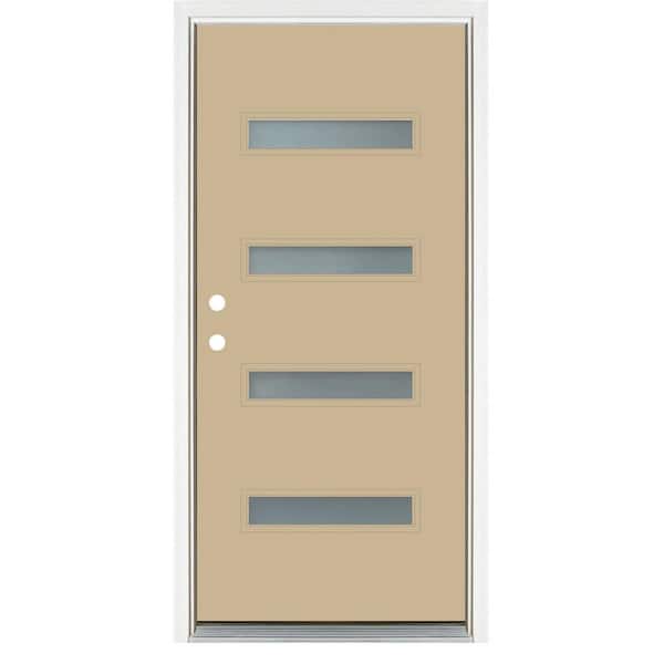 MP Doors 36 in. x 80 in. Smooth Latte Right-Hand Inswing 4 Lite Frosted Painted Fiberglass Prehung Front Door