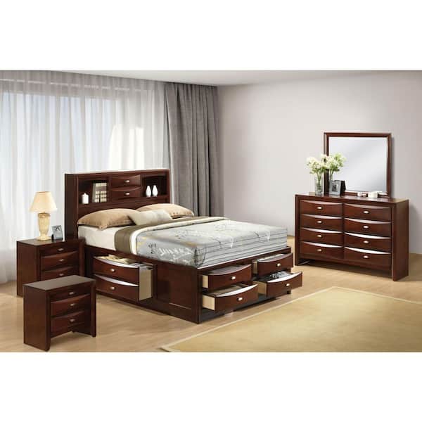 Lanten 5-Piece Brown Wood Frame King Bedroom Set with Side Drawers and Bookcase Headboard