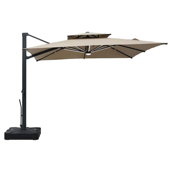 Mondawe 10 ft. x 10 ft. Outdoor Patio Cantilever Umbrella in Taupe with Base and LED Strip