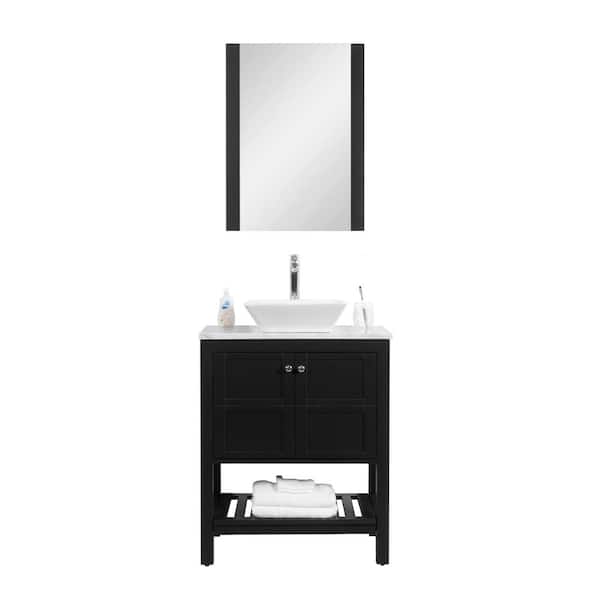 Unbranded Manhattan 30 in. W x 18 in. D Vanity in Black with Marble Vanity Top in White and White Basin and Mirror