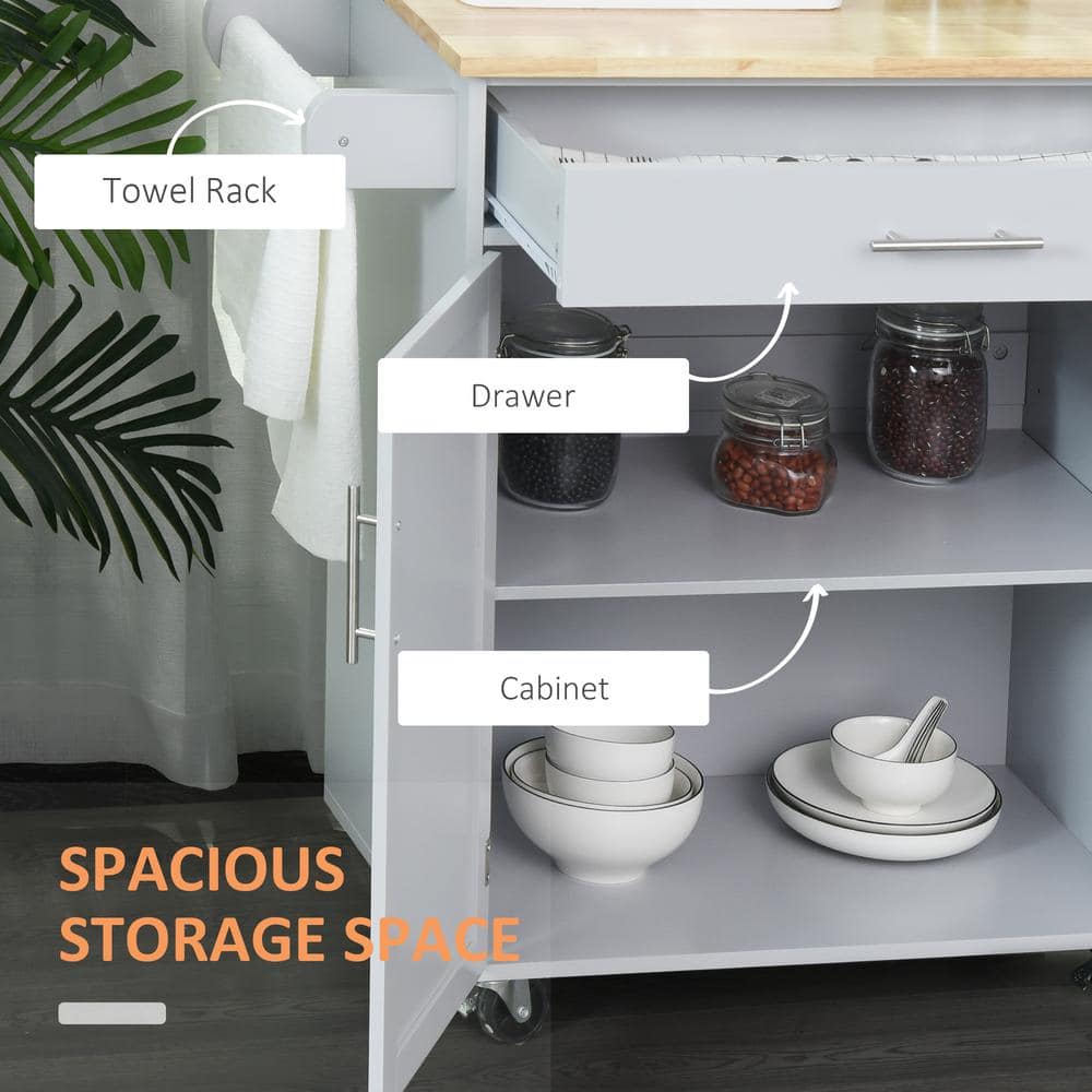 Grey Wood Rolling Kitchen Cart with Storage and Towel Rack