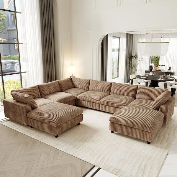 Modern 157 in. Square Arm Oversized Deep Seat Velvet 8-Piece U-Shaped Modular Sectional Sofa with Storage Ottoman, Brown