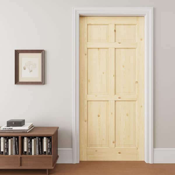 36 in. x 80 in. Paneled 6-Lite Unfinished Wood Pocket Sliding Door with Pocket Door Hardware Kit (Soft Close Included)