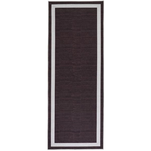 PLAYA RUG Everest Brown Creme 2 ft. 2 in. x 6 ft. Machine Washable Geometric Modern Border Polyester Non-Slip Backing Area Rug