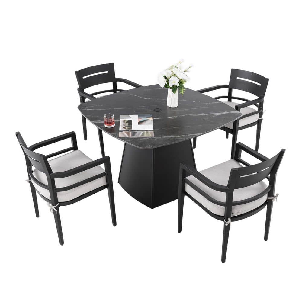 Black 5-Piece Aluminum Pedestal Outdoor Dining Set with Flared Base, 4 Armchairs & Sunbrella White Cushion price history on PriceWatchPro