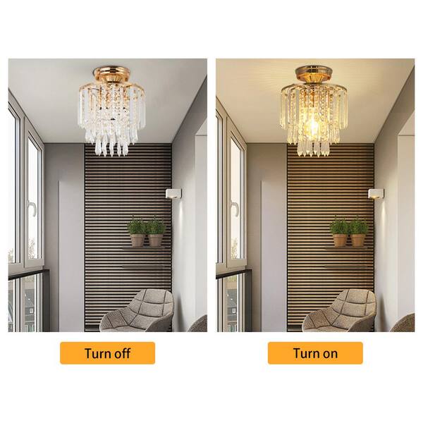 OUKANING 9.05 in. 1-Light Gold Modern Crystal Semi-Flush Mount