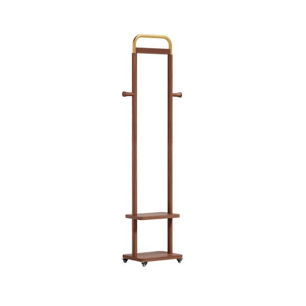 Modern Minimalist Walnut Rubberwood Freestanding Clothes Rack with Hooks and Shelf (15.7 in. W x 71.2 in. H)