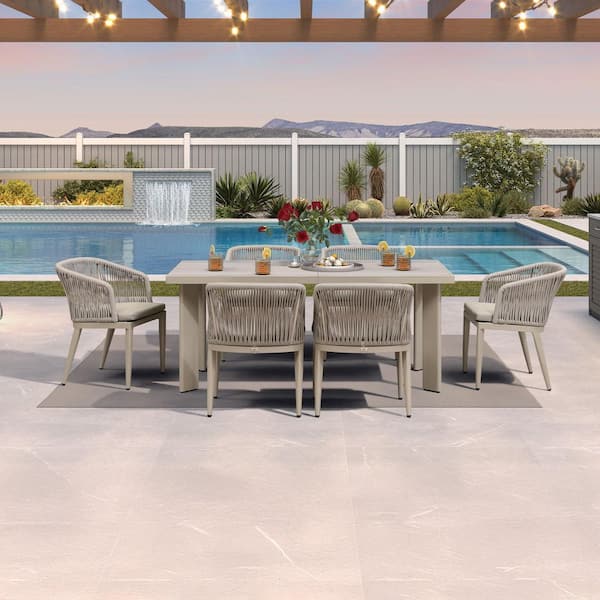 7-Piece Aluminum Wicker Dining Table and Armchairs Patio Outdoor Dining Set Champagne Furniture Set with Cushions