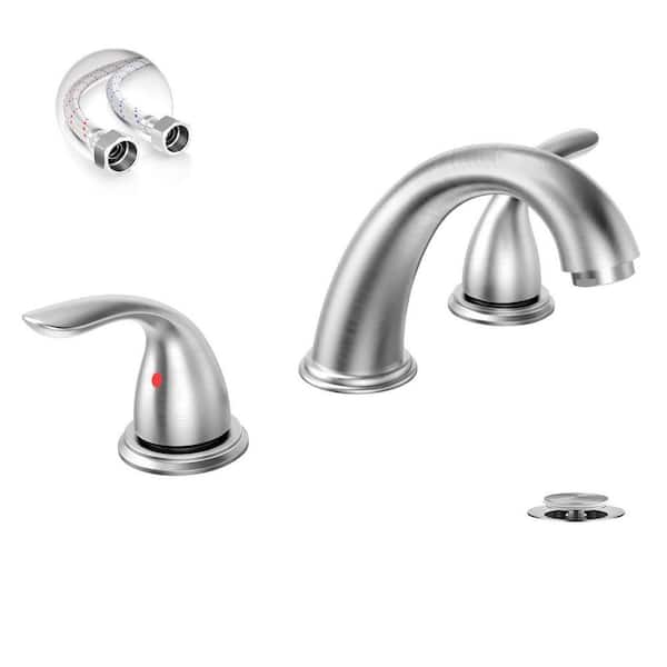 8 in. 2-Handles 3-Holes Deck Mount Brushed Nickel Widespread Bathroom Faucet, with Stainless Steel Pop Up Drain