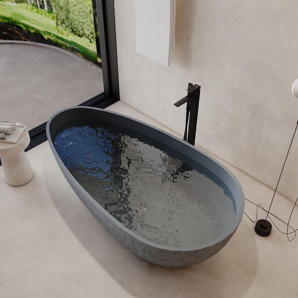 67 in. x 33.4 in. Freestanding Stone Resin Solid Surface Soaking Bathtub in Cement Grey and Outer Dot