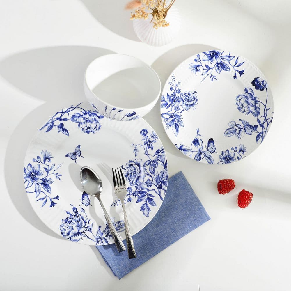 Cassian Blue Floral Embossed Porcelain 12-Piece Dinnerware Set