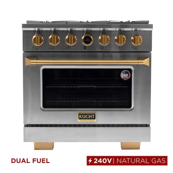 36 in. 5.2 cu.ft. 6-Burners Dual Fuel Range Natural Gas in Stainless Steel with Gold Accents and Digital Dial Thermostat