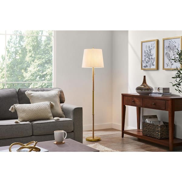 Selatir 60 in. Steel Aged Brass Standard Indoor Floor Lamp with White Fabric Shade