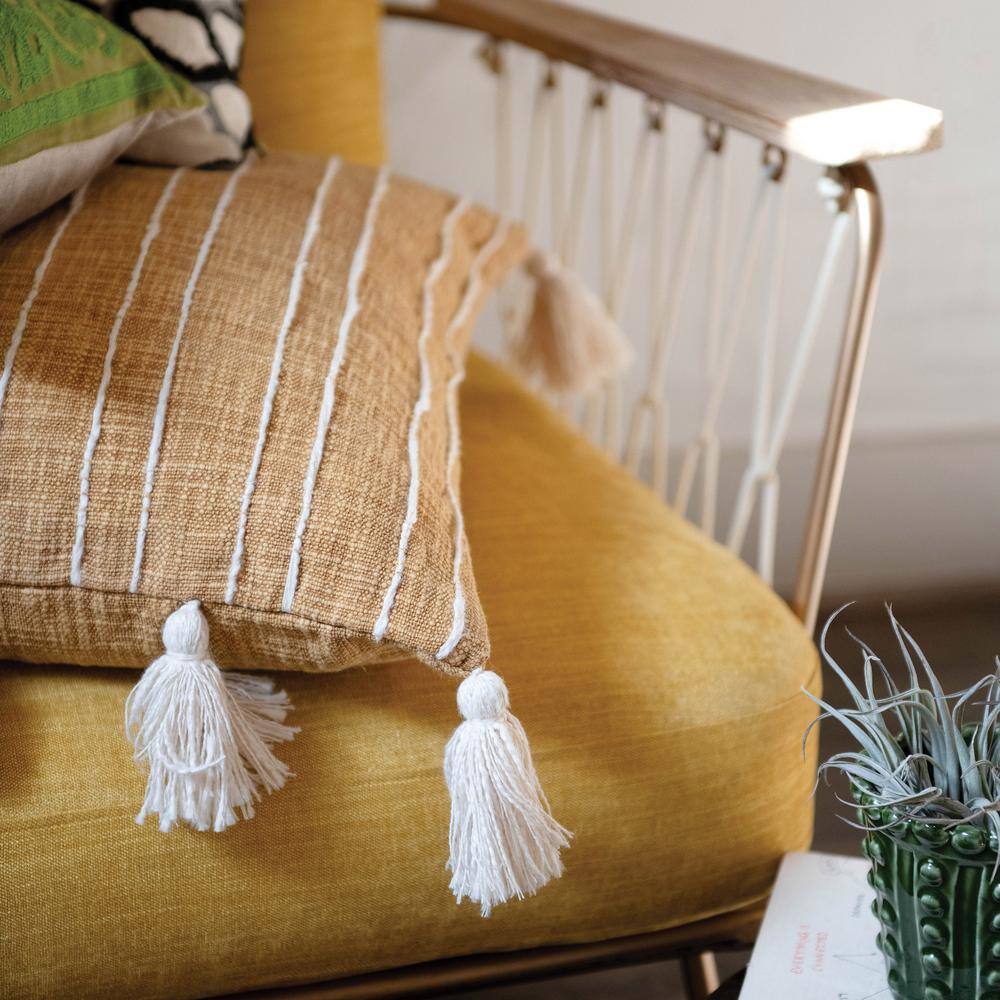 Mustard and White Cotton Woven Pillow with Tassels, 22" Square