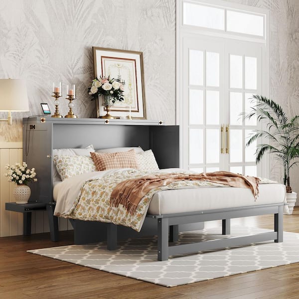 Polibi Gray Wood Frame Queen Size Murphy Bed with USB Port and Removable Shelves on Each Side