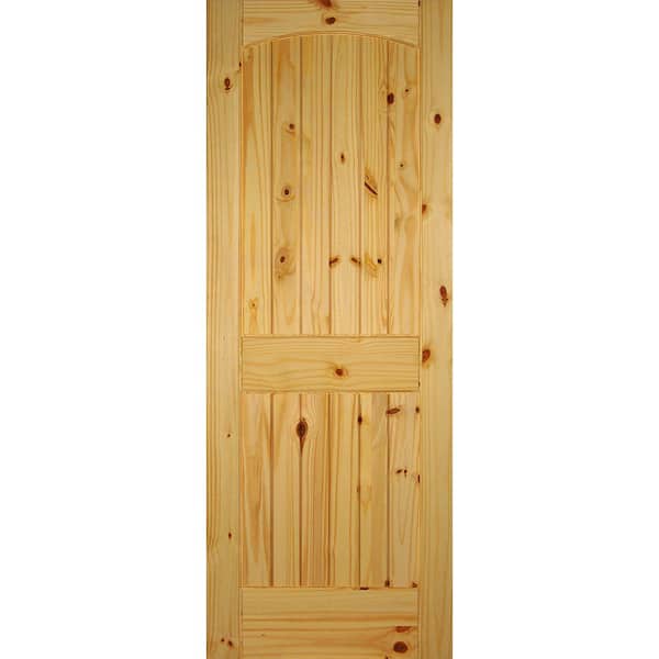 Builders Choice 28 in. x 80 in. Left-Handed 2-Panel Solid Core Unfinished Arch Top V-Grooved Knotty Pine Single Prehung Interior Door