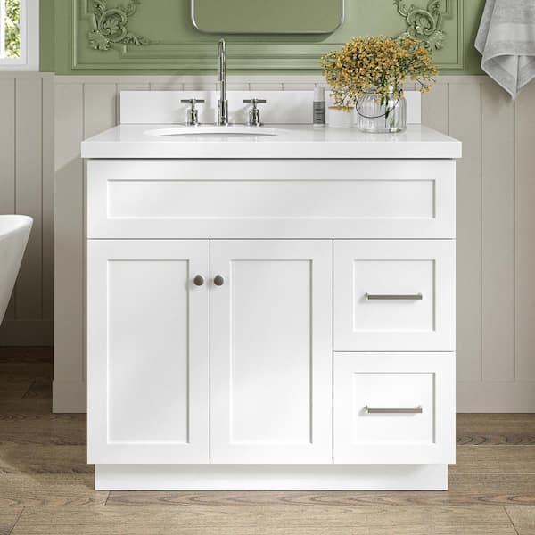 ARIEL Hamlet 37 in. W x 22 in. D x 36 in. H Bath Vanity in White with Pure White Quartz Top