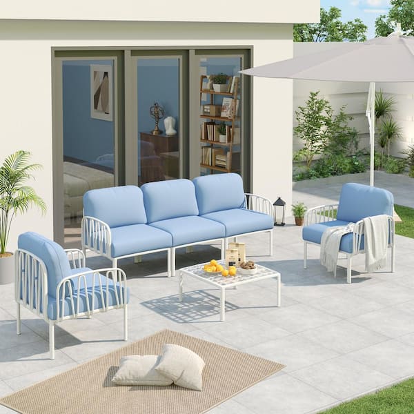 Poteban Blue Resin Plastic Material 5-Person DIY Patio Conversation Set With Cushion, Number of 4-Piece