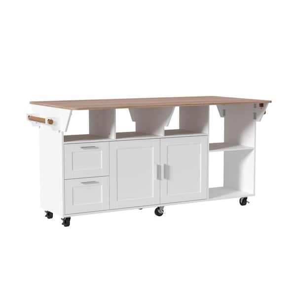 White Wood Kitchen Cart with Wood Expandable Tabletop Mobile Carts With Drawers, Adjustable Shelf, Storage(70.9 in. W)