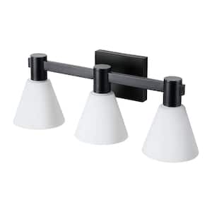 21.3 in. 3 Light Black Dimmable Bathroom Vanity Light Fixture with Milk White Cone Glass Shade