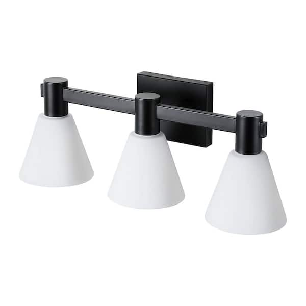 KAISITE 21.3 in. 3 Light Black Dimmable Bathroom Vanity Light Fixture with Milk White Cone Glass Shade