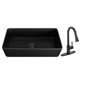 Black Fireclay 36 in. Single Bowl Farmhouse Apron Kitchen Sink with Two-Function Pull Down Kitchen Faucet