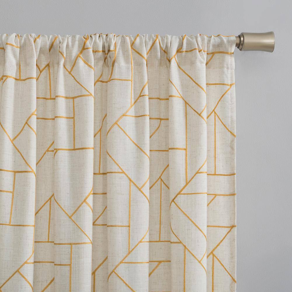 Gold and Linen Light-Filtering Geometric Rod Pocket Curtain Panel