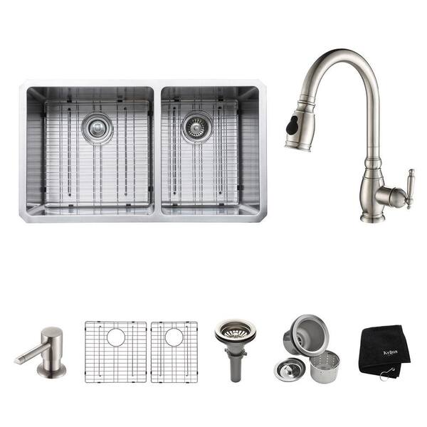 KRAUS All-in-One Undermount Stainless Steel 33 in. Double Bowl Kitchen Sink with Faucet and Accessories in Stainless Steel