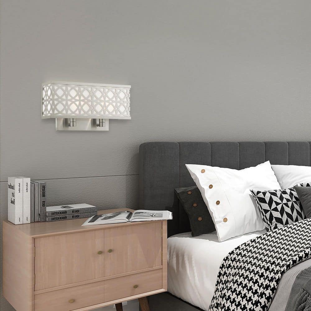 Brushed Nickel 2-Light Wall Sconce with Off-White Shade