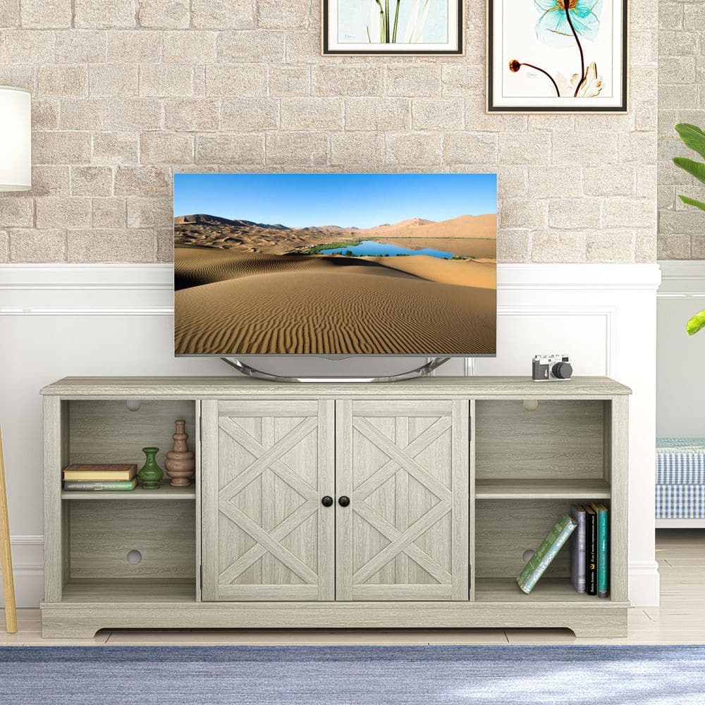 Gray 70" Farmhouse TV Stand with Cabinet and Shelves