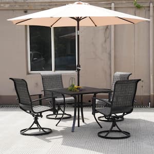 5-Piece Metal Square Table Patio Outdoor Dining Set in Black with High Back Wave Arm Chairs and Umbrella Hole