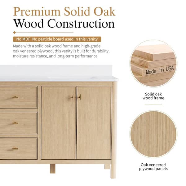 LORIN 72 in W Double Sink Freestanding Solid Wood Oak Bath Vanity with White Quartz Top, Backsplash, Assembled Cabinet
