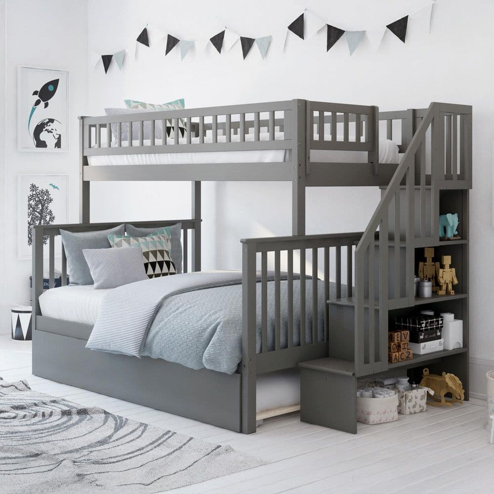Woodland Staircase Bunk Bed Twin over Full with Twin Size Urban Trundle Bed in Grey price history on PriceWatchPro