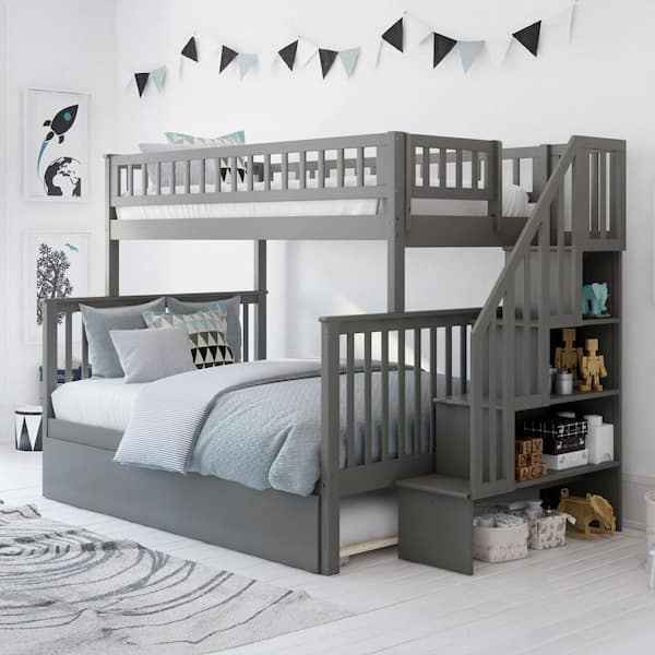 AFI Woodland Staircase Bunk Bed Twin over Full with Twin Size Urban Trundle Bed in Grey