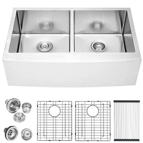 Lordear 33 in. Farmhouse/Apron-Front Double Bowl 16 Guage Stainless Steel Workstation Kitchen Sink with Low Divider, Stainless Steel Brushed