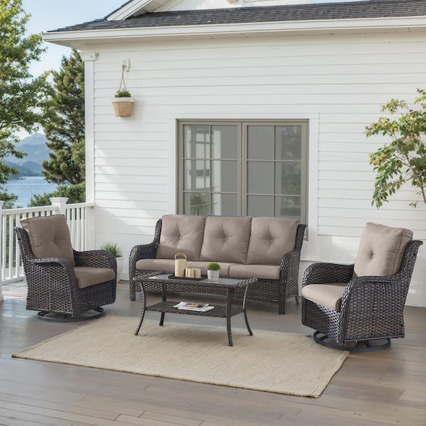 4-Piece Brown Wicker Patio Conversation Set with Olefin Gray Cushions and Swivel Glider Chairs/Sofa