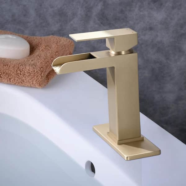 Unbranded Single Handle 1 or 3 Hole Waterfall Bathroom Faucet Stainless Steel Vanity Faucet with Deck and Drain in Brushed Gold