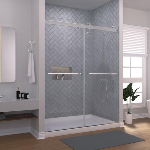 niveal Aohl 60 in. W x 72 in. H Sliding Semi-Frameless Shower Door in Chrome with Clear Glass