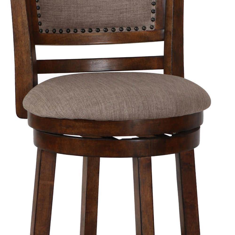Curved Swivel Solid Wood Counter Stool with Beige Fabric Cushion