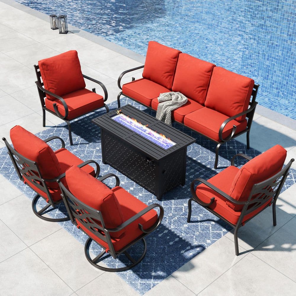 Black Metal 7 Seat 6-Piece Steel Outdoor Fire Pit Patio Set with Red Cushions,2 Swivel Chairs and Fire Pit Table price history on PriceWatchPro