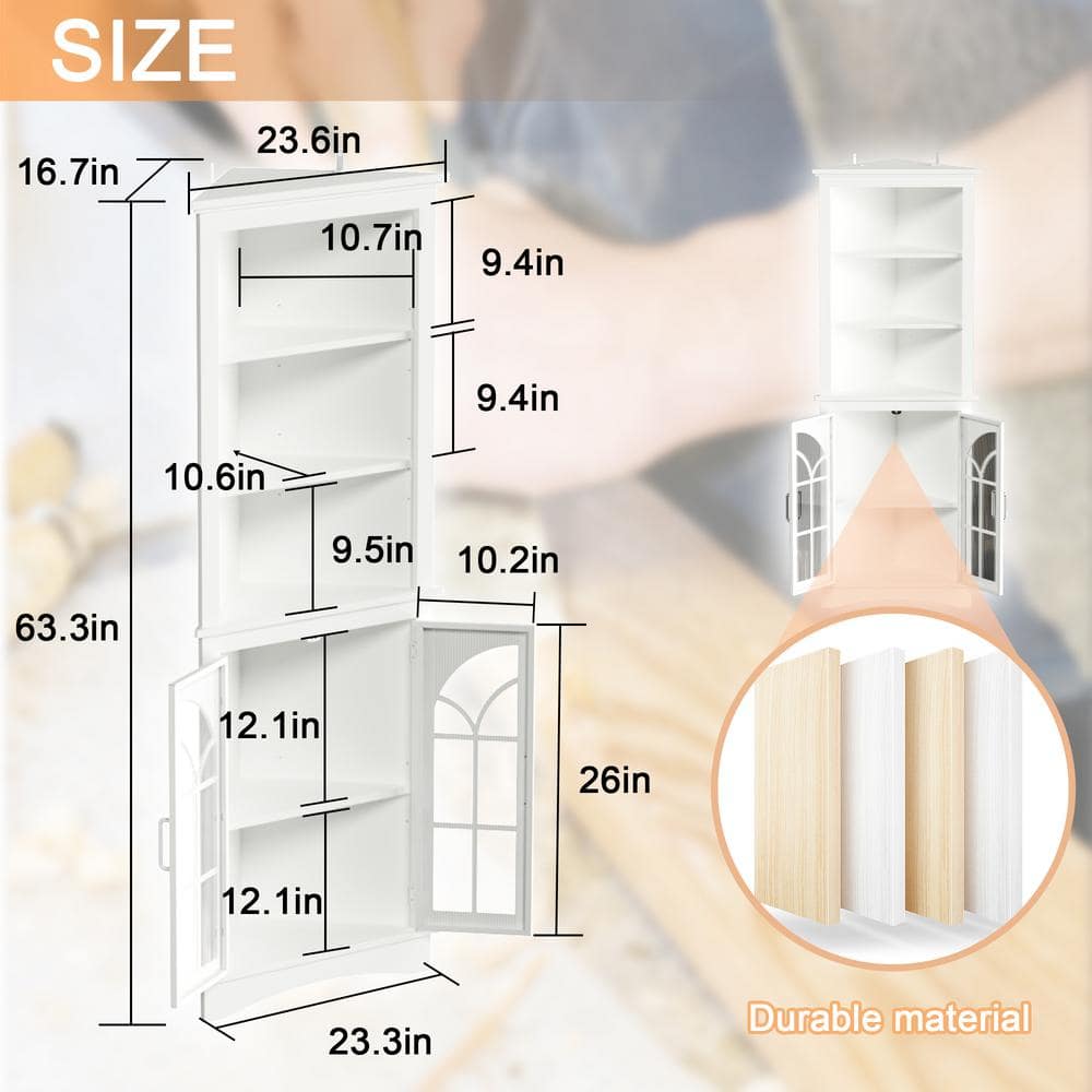 White MDF Corner Accent Cabinet with Adjustable Shelves and Glass Doors