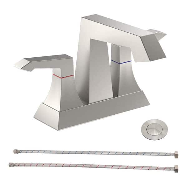Fapully 4 in. Centerset 2-Handles Bathroom Faucet, Modern Square Basin Faucet with Pop Up Drain in Brushed Nickel