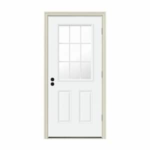 36 in. x 80 in. 9 Lite White Painted Steel Prehung Left-Hand Outswing Entry Door w/Brickmould