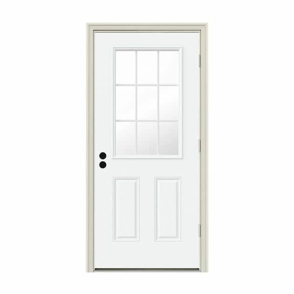 36 in. x 80 in. 9 Lite White Painted Steel Prehung Left-Hand Outswing Entry Door w/Brickmould