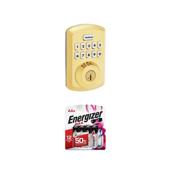 Powerbolt 250 Keypad Electronic Deadbolt, Polished Brass and MAX AA Batteries (8-Pack) Combo