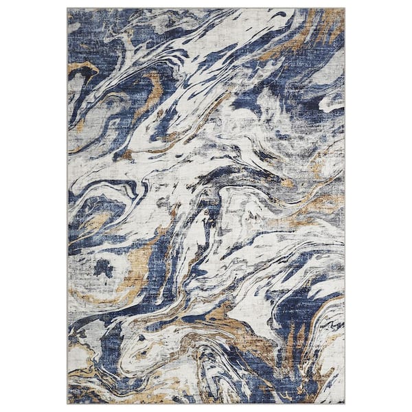 8 x 10 ft. Blue Marble Abstract Area Rug, Machine Washable Non-Slip Low-Pile Soft Rug, Blue/Ivory/Gold