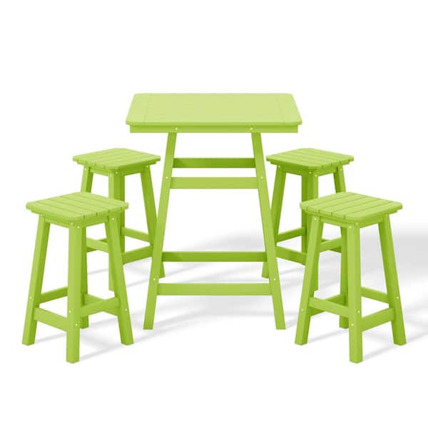 WESTIN OUTDOOR Laguna 5-Piece Fade Resistant HDPE Plastic Outdoor Patio Square Counter Height Bistro Set, Matching Barstools in Lime