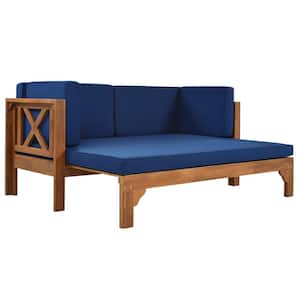 Brown Wood Outdoor Sofa or Day Bed with Thick Blue Cushions