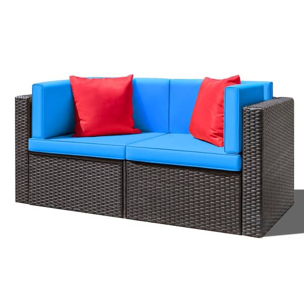 Tozey Chillrest 58 in. Black Wicker Outdoor Loveseat with Blue Cushions